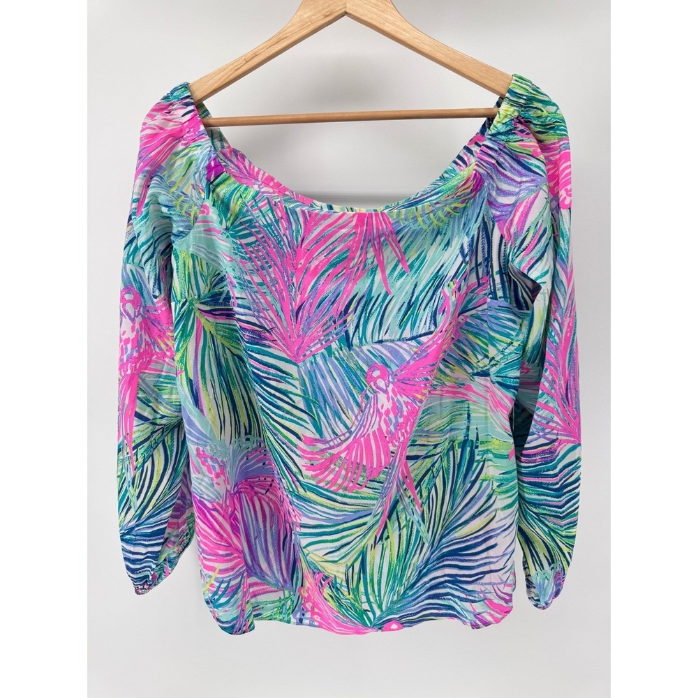Lilly Pulitzer Off The Shoulder Top Womens Large Multi Color Tropical Silk